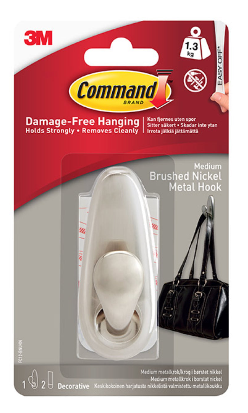 COMMAND MEDIUM METAL HOOK BRUSHED NICKEL 1.3KG