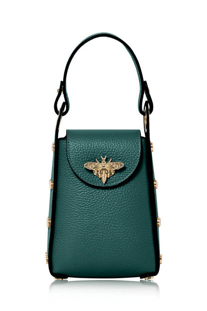 Italian Genuine Leather Mini Bee Bag with Gold Chain Strap: Black