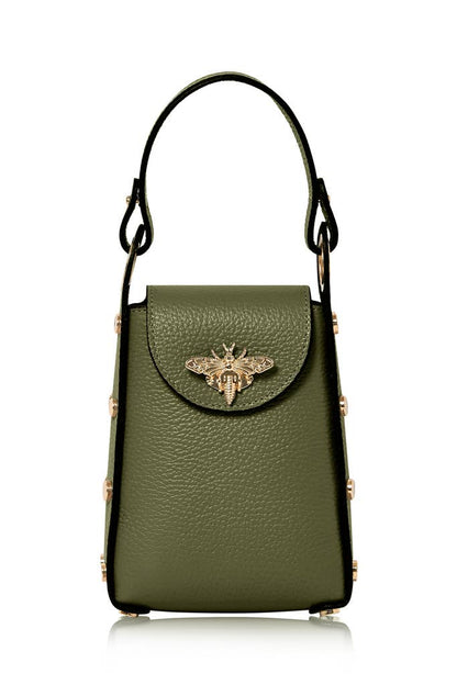 Italian Genuine Leather Mini Bee Bag with Gold Chain Strap: Green