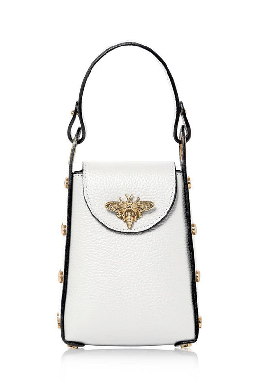 Italian Genuine Leather Mini Bee Bag with Gold Chain Strap: White
