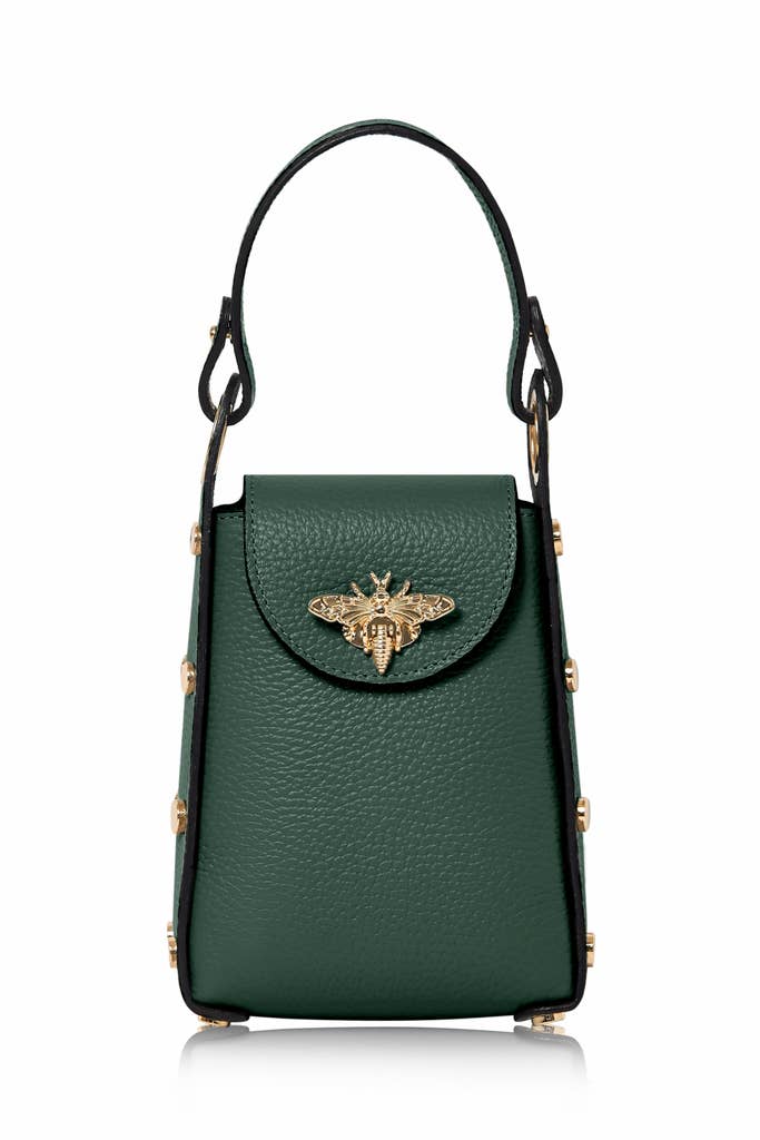 Italian Genuine Leather Mini Bee Bag with Gold Chain Strap: Black