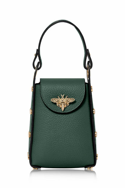 Italian Genuine Leather Mini Bee Bag with Gold Chain Strap: Black