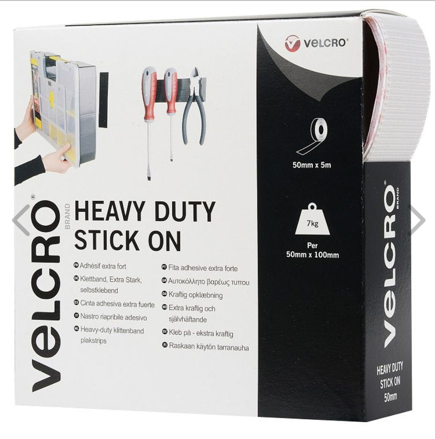 VELCRO HEAVY DUTY STICK ON WHITE 50MM X 5M