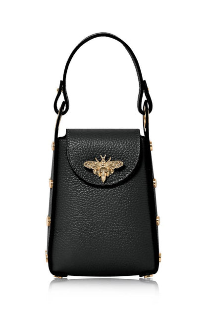 Italian Genuine Leather Mini Bee Bag with Gold Chain Strap: Black