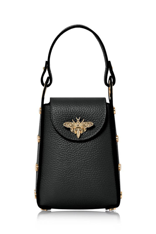 Italian Genuine Leather Mini Bee Bag with Gold Chain Strap: Black