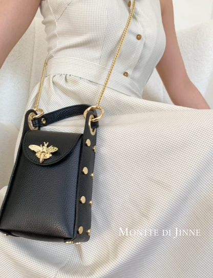 Italian Genuine Leather Mini Bee Bag with Gold Chain Strap: Green