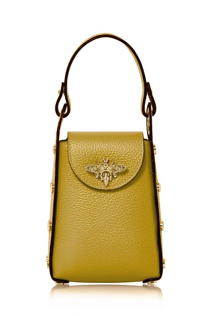 Italian Genuine Leather Mini Bee Bag with Gold Chain Strap: Black